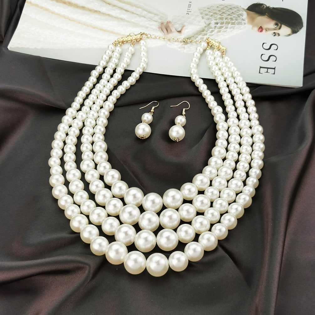 Layered Imitation Pearl Necklaces Sets For Women Handmade Beaded Chain Necklace Earrings Fashion Jewelry Set Charm Accesories