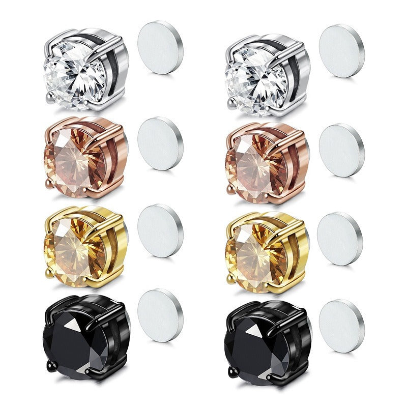 No ear hole magnetic ear clip for men and women, cool and cool style zircon four claw single earrings, simple cross-border magne