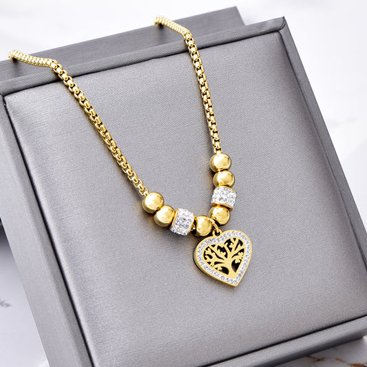 European and American Style Titanium Steel Heart Tree of Life Rhinestone Necklace for Women Simple Love Charm Jewelry
