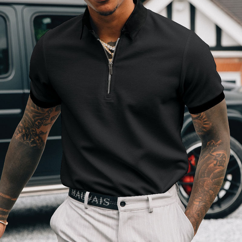 Solid color POLO zipper men's polo shirt T-shirt