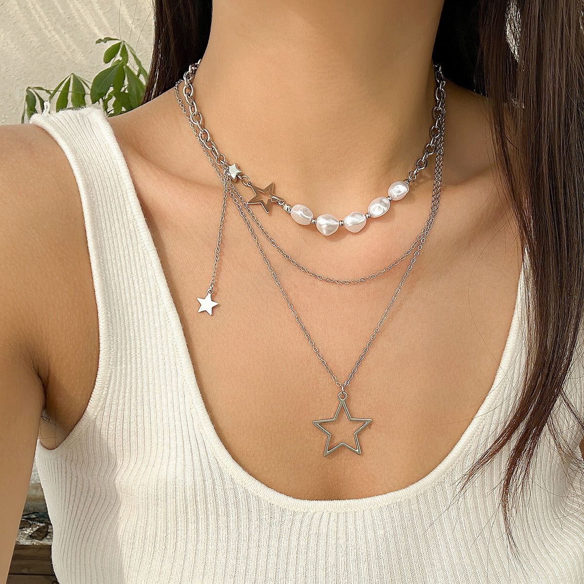 Cold style hollow out pentagram star shaped pendant with three layered necklace necklaces