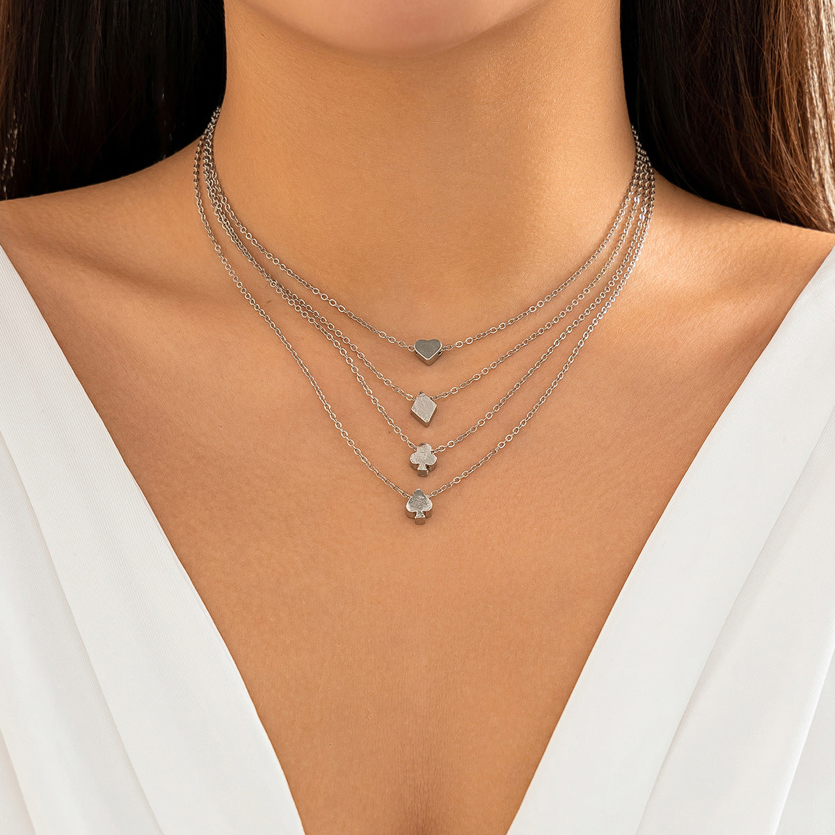 Multi layered fashion necklace necklaces, metal circular triangular heart-shaped chain