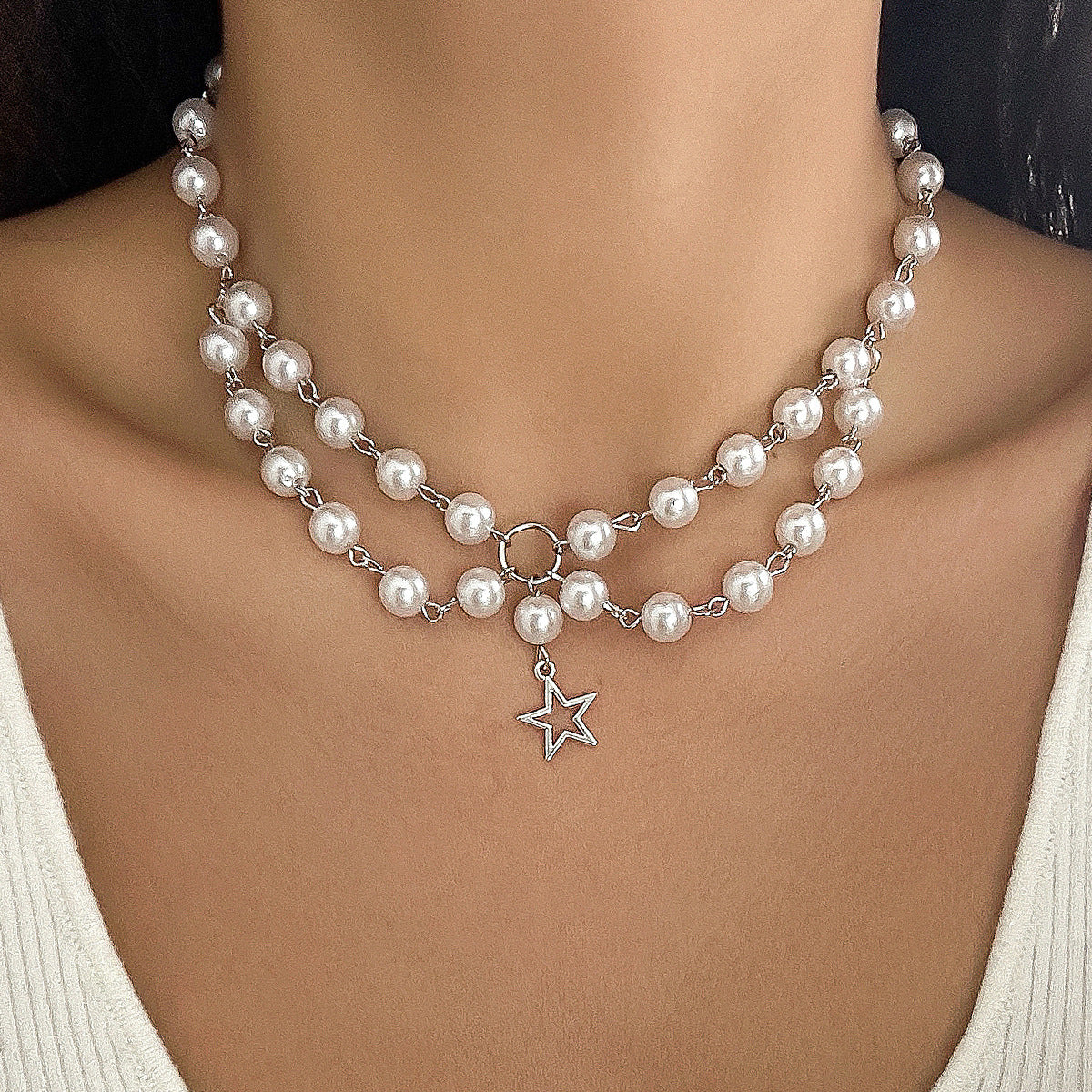 Cold style hollow out pentagram star shaped pendant with three layered necklace necklaces