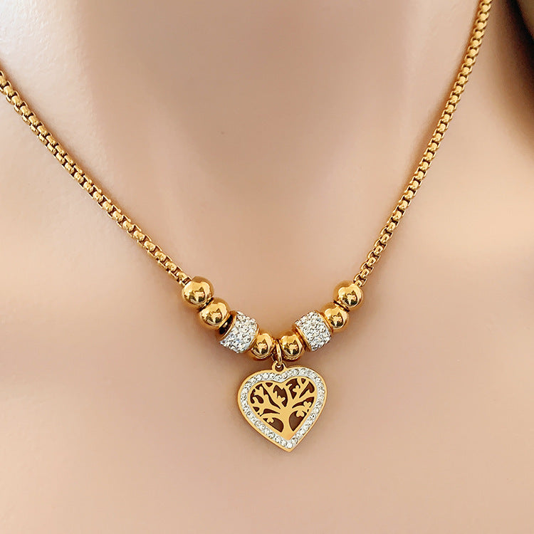 European and American Style Titanium Steel Heart Tree of Life Rhinestone Necklace for Women Simple Love Charm Jewelry