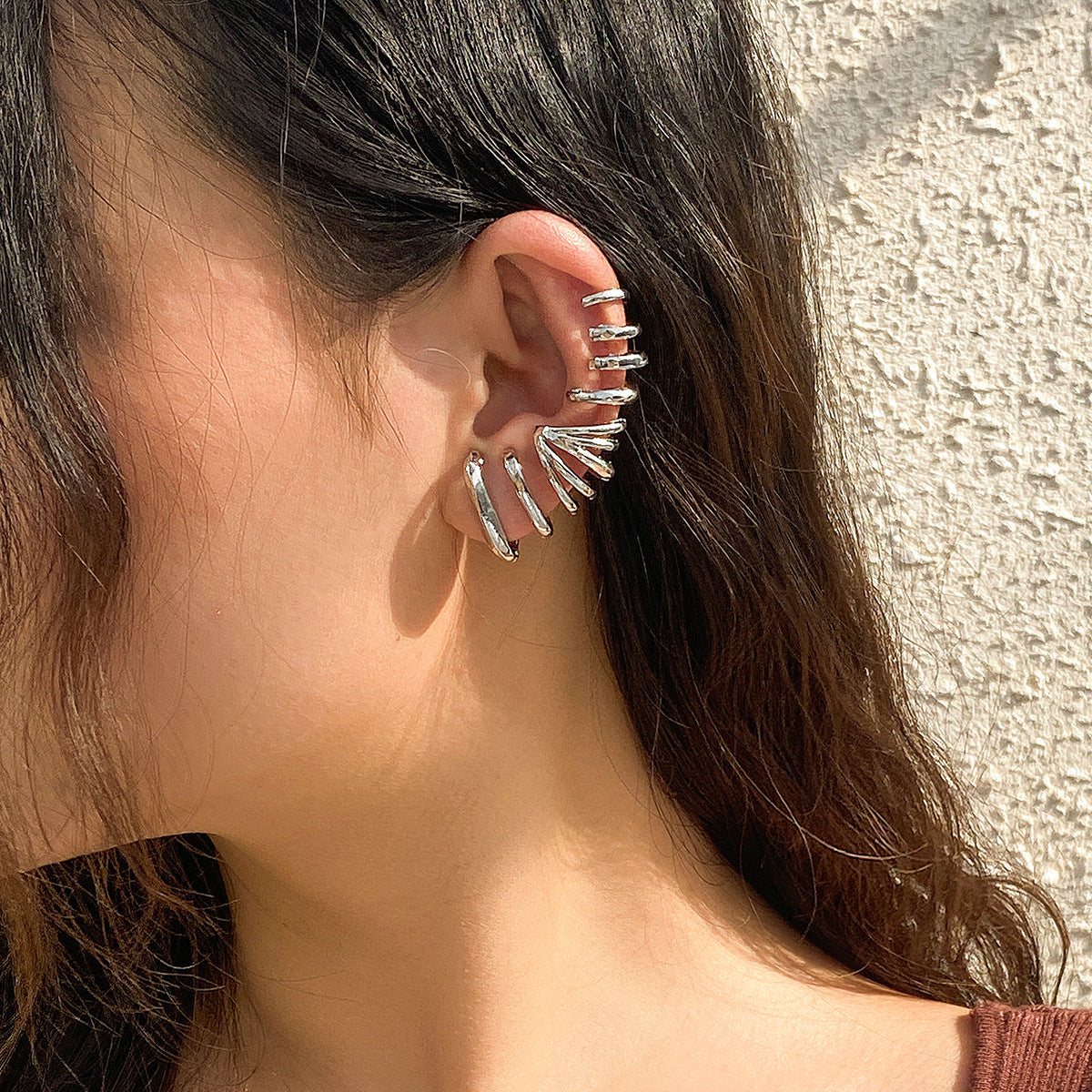 Hollow out circular iron rings earrings, semi-circular fan-shaped metal earrings