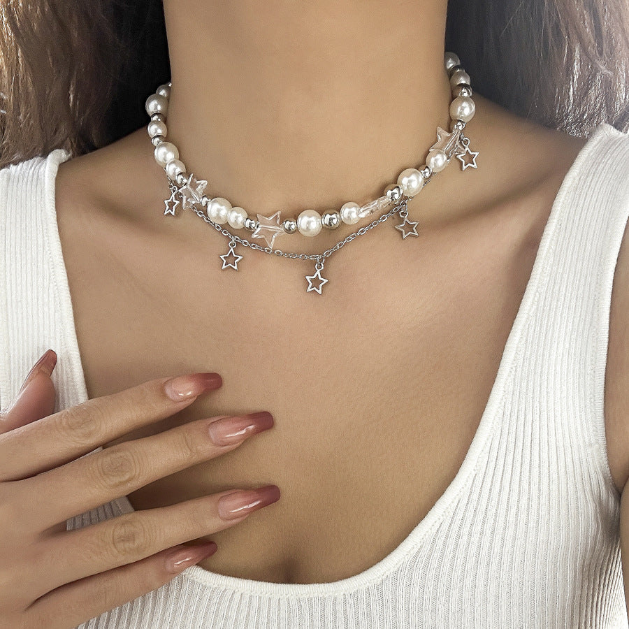 Cold style hollow out pentagram star shaped pendant with three layered necklace necklaces