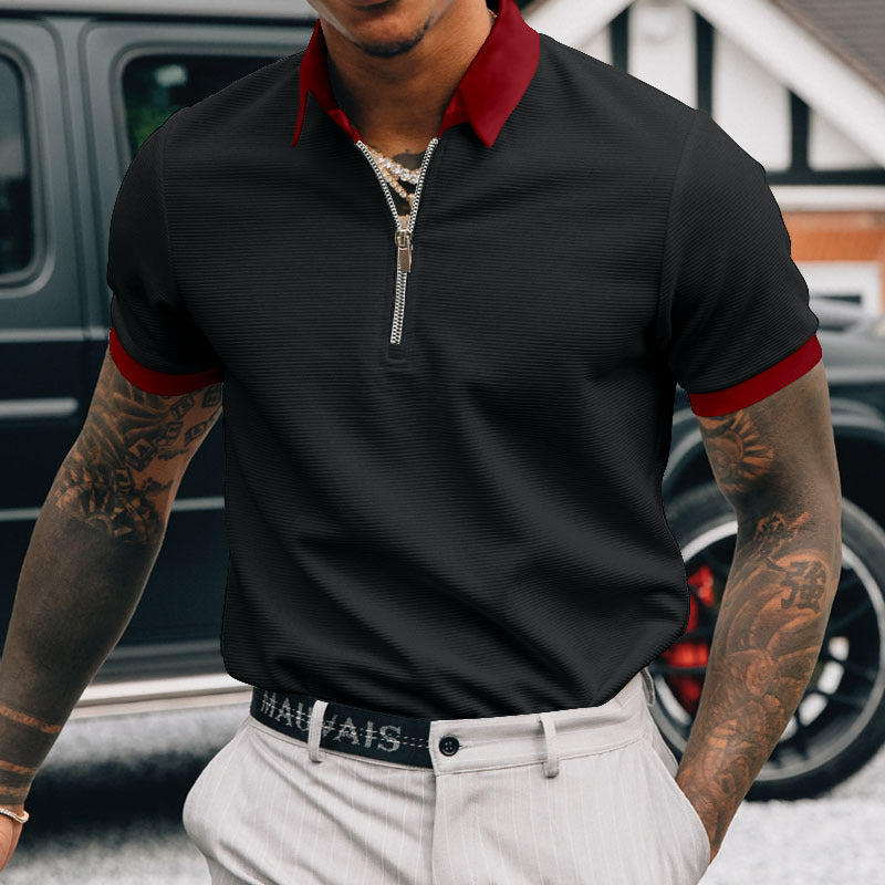 Solid color POLO zipper men's polo shirt T-shirt