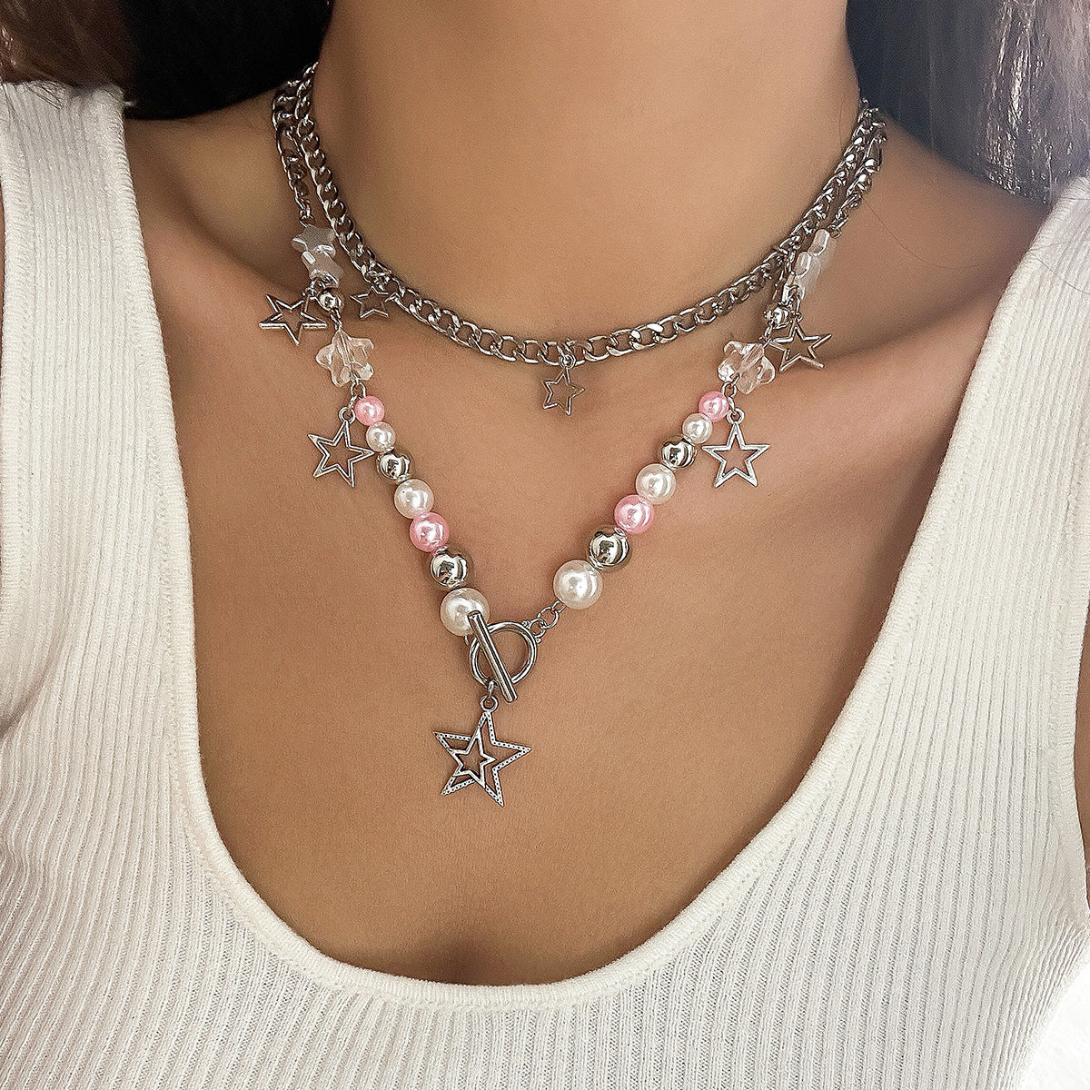 Cold style hollow out pentagram star shaped pendant with three layered necklace necklaces