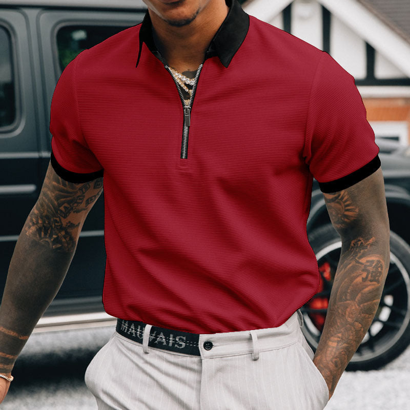 Solid color POLO zipper men's polo shirt T-shirt