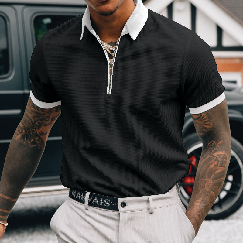 Solid color POLO zipper men's polo shirt T-shirt