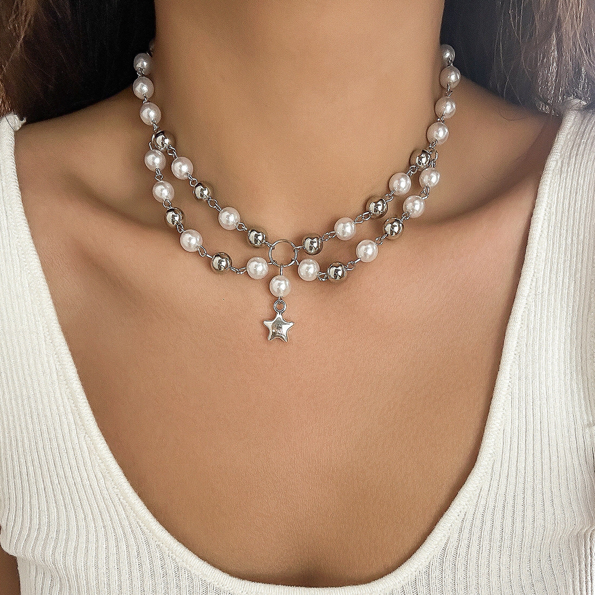 Cold style hollow out pentagram star shaped pendant with three layered necklace necklaces