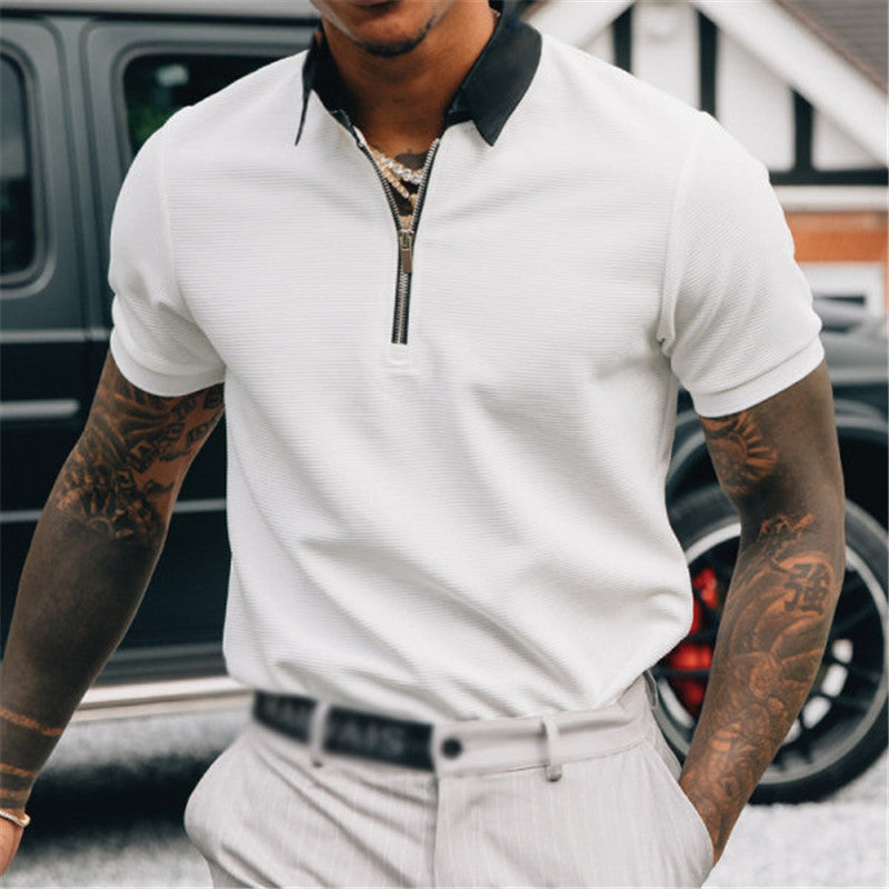 Solid color POLO zipper men's polo shirt T-shirt