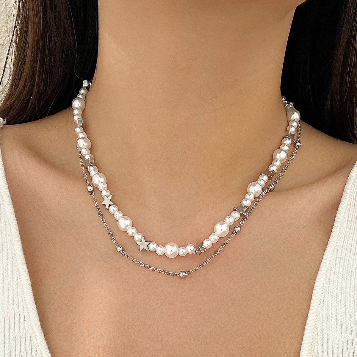 Cold style hollow out pentagram star shaped pendant with three layered necklace necklaces