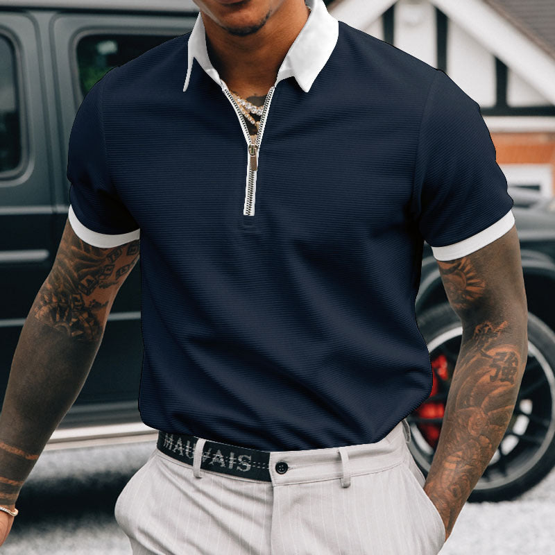 Solid color POLO zipper men's polo shirt T-shirt