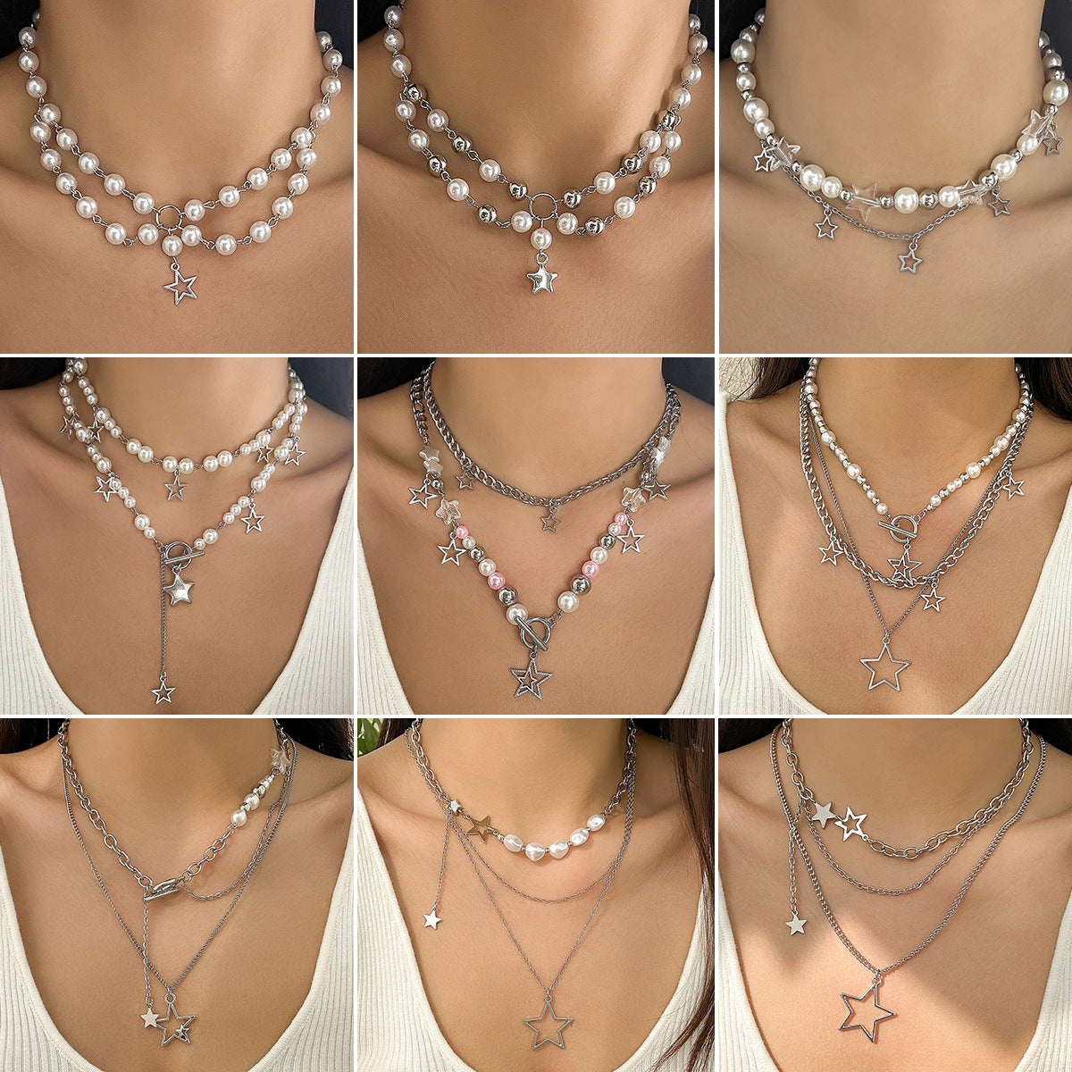 Cold style hollow out pentagram star shaped pendant with three layered necklace necklaces